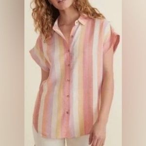 Marine Layer Dana Striped Linen Blend Shirt XS Relaxed Short Sleeve Button Up